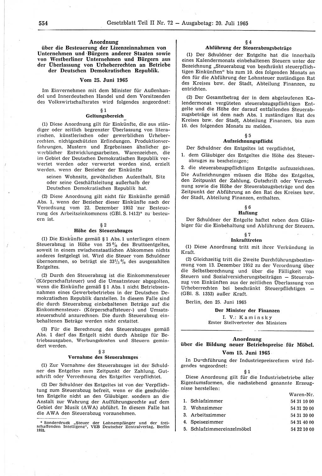 Gesetzblatt (GBl.) der Deutschen Demokratischen Republik (DDR) Teil ⅠⅠ 1965, Seite 554 (GBl. DDR ⅠⅠ 1965, S. 554)