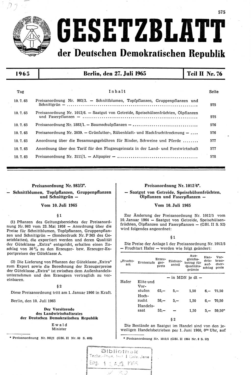 Gesetzblatt (GBl.) der Deutschen Demokratischen Republik (DDR) Teil ⅠⅠ 1965, Seite 575 (GBl. DDR ⅠⅠ 1965, S. 575)