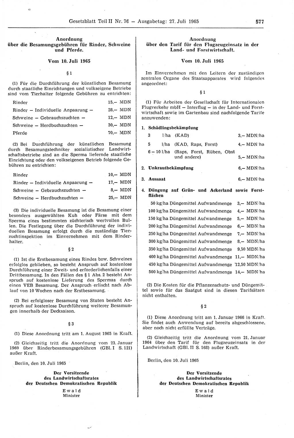 Gesetzblatt (GBl.) der Deutschen Demokratischen Republik (DDR) Teil ⅠⅠ 1965, Seite 577 (GBl. DDR ⅠⅠ 1965, S. 577)