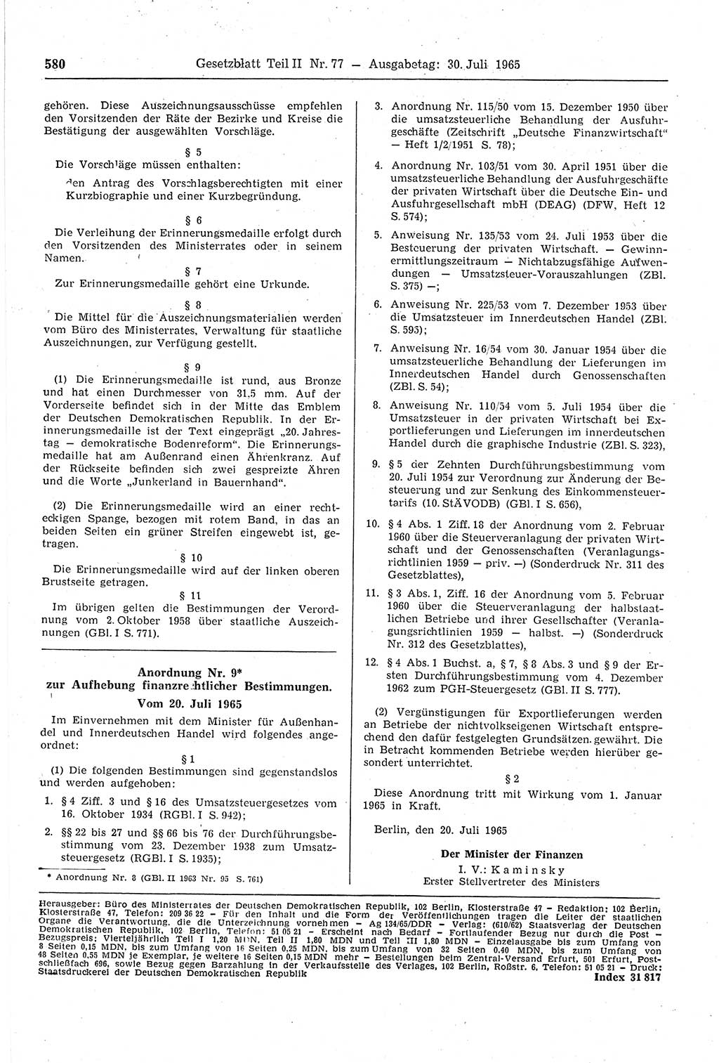 Gesetzblatt (GBl.) der Deutschen Demokratischen Republik (DDR) Teil ⅠⅠ 1965, Seite 580 (GBl. DDR ⅠⅠ 1965, S. 580)