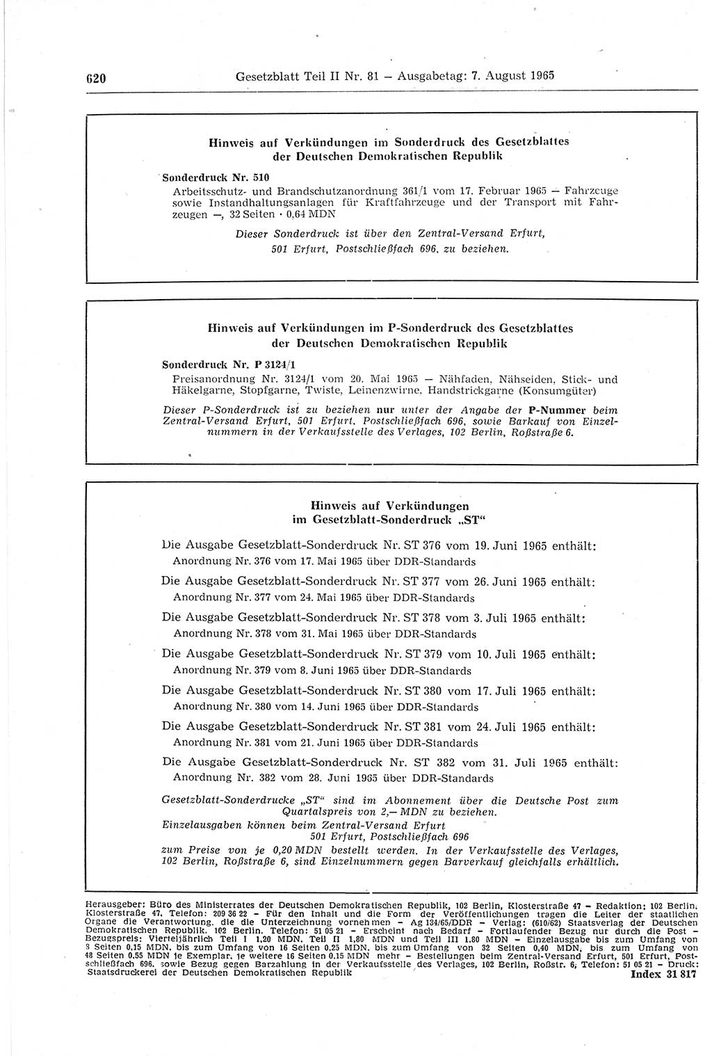 Gesetzblatt (GBl.) der Deutschen Demokratischen Republik (DDR) Teil ⅠⅠ 1965, Seite 620 (GBl. DDR ⅠⅠ 1965, S. 620)