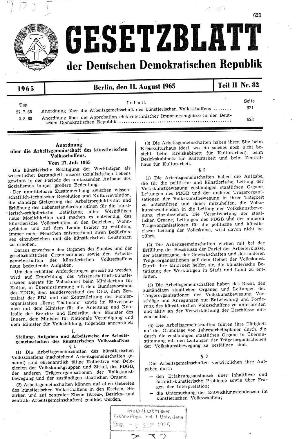 Gesetzblatt (GBl.) der Deutschen Demokratischen Republik (DDR) Teil ⅠⅠ 1965, Seite 621 (GBl. DDR ⅠⅠ 1965, S. 621)