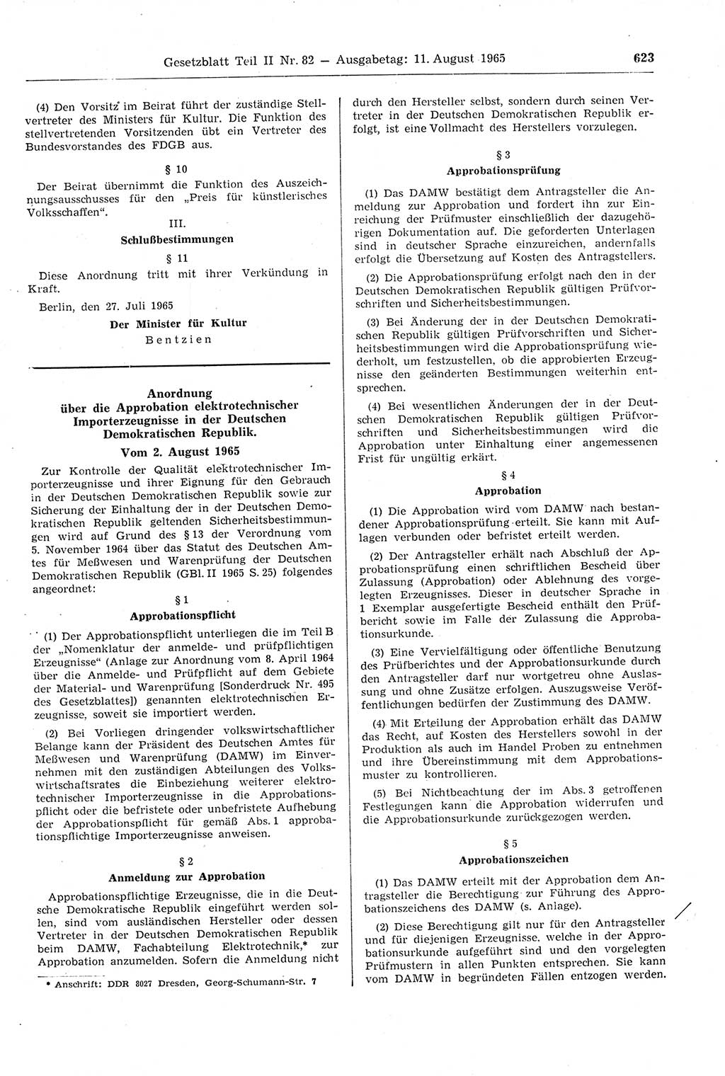 Gesetzblatt (GBl.) der Deutschen Demokratischen Republik (DDR) Teil ⅠⅠ 1965, Seite 623 (GBl. DDR ⅠⅠ 1965, S. 623)