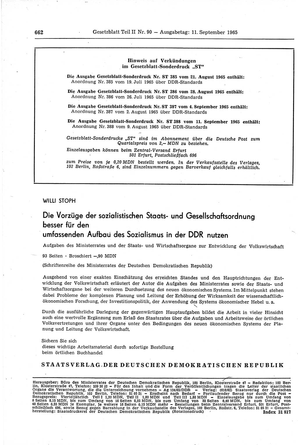 Gesetzblatt (GBl.) der Deutschen Demokratischen Republik (DDR) Teil ⅠⅠ 1965, Seite 662 (GBl. DDR ⅠⅠ 1965, S. 662)