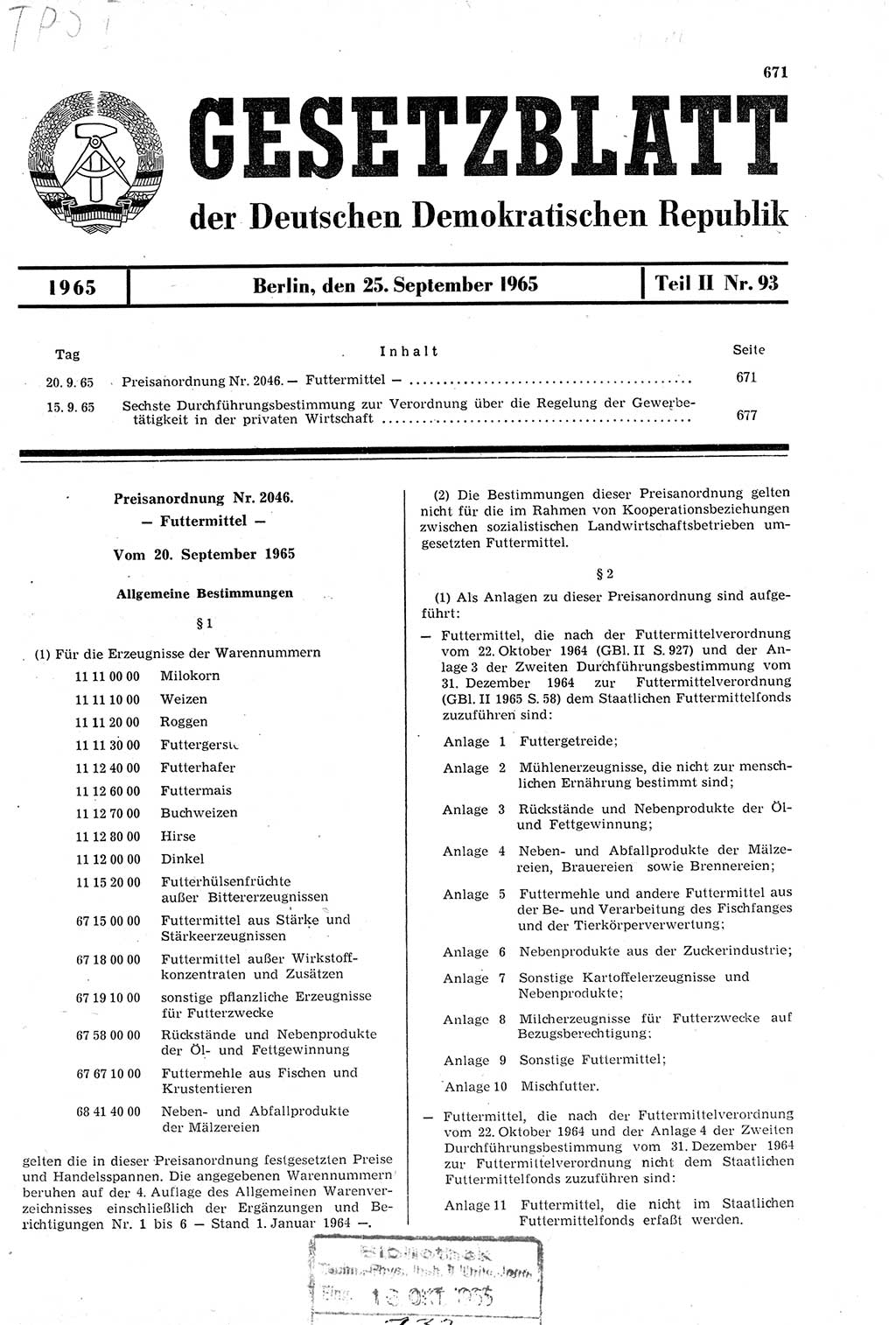 Gesetzblatt (GBl.) der Deutschen Demokratischen Republik (DDR) Teil ⅠⅠ 1965, Seite 671 (GBl. DDR ⅠⅠ 1965, S. 671)
