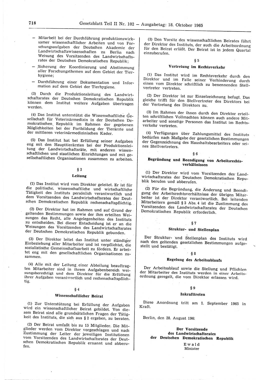 Gesetzblatt (GBl.) der Deutschen Demokratischen Republik (DDR) Teil ⅠⅠ 1965, Seite 718 (GBl. DDR ⅠⅠ 1965, S. 718)