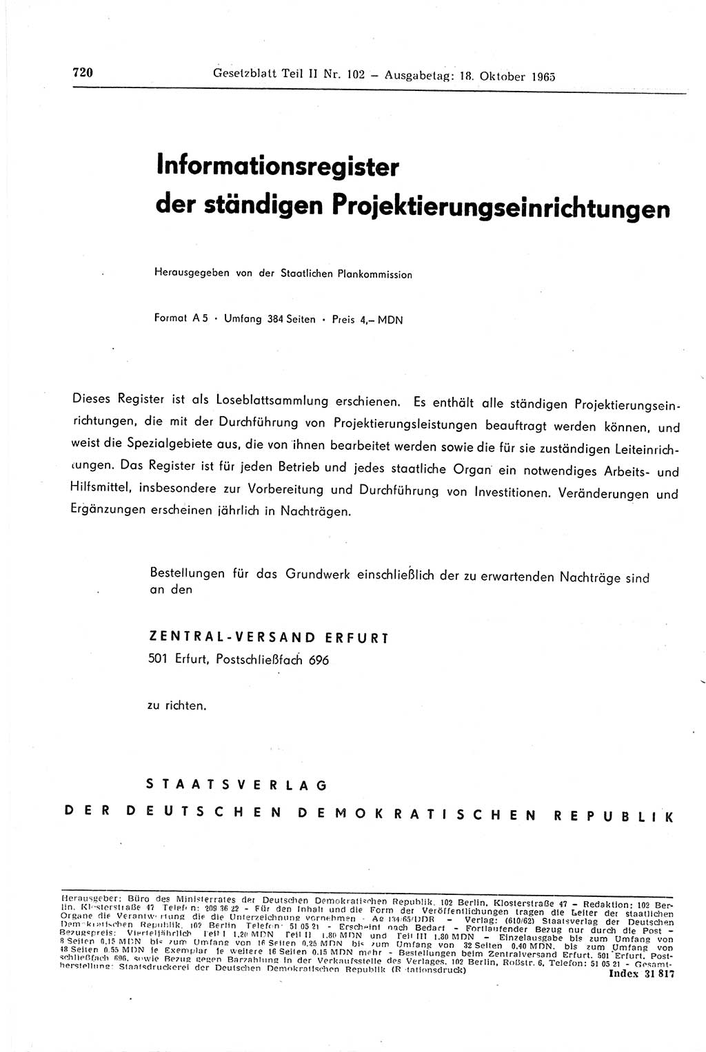 Gesetzblatt (GBl.) der Deutschen Demokratischen Republik (DDR) Teil ⅠⅠ 1965, Seite 720 (GBl. DDR ⅠⅠ 1965, S. 720)