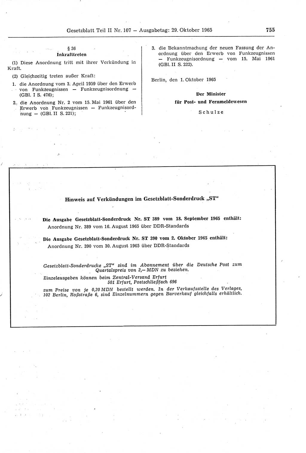 Gesetzblatt (GBl.) der Deutschen Demokratischen Republik (DDR) Teil ⅠⅠ 1965, Seite 755 (GBl. DDR ⅠⅠ 1965, S. 755)