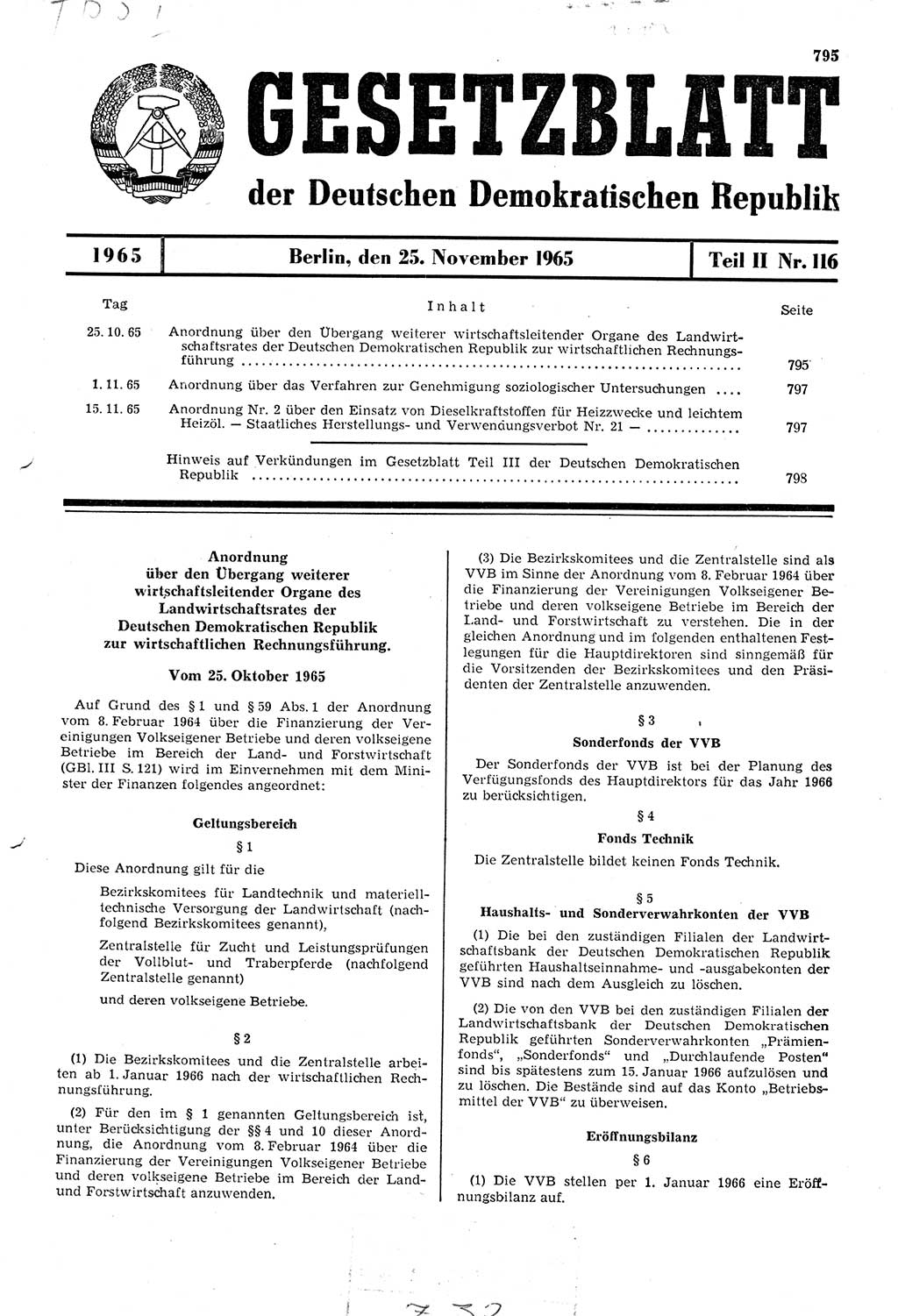 Gesetzblatt (GBl.) der Deutschen Demokratischen Republik (DDR) Teil ⅠⅠ 1965, Seite 795 (GBl. DDR ⅠⅠ 1965, S. 795)
