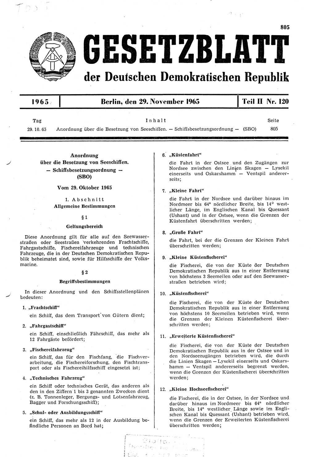 Gesetzblatt (GBl.) der Deutschen Demokratischen Republik (DDR) Teil ⅠⅠ 1965, Seite 805 (GBl. DDR ⅠⅠ 1965, S. 805)