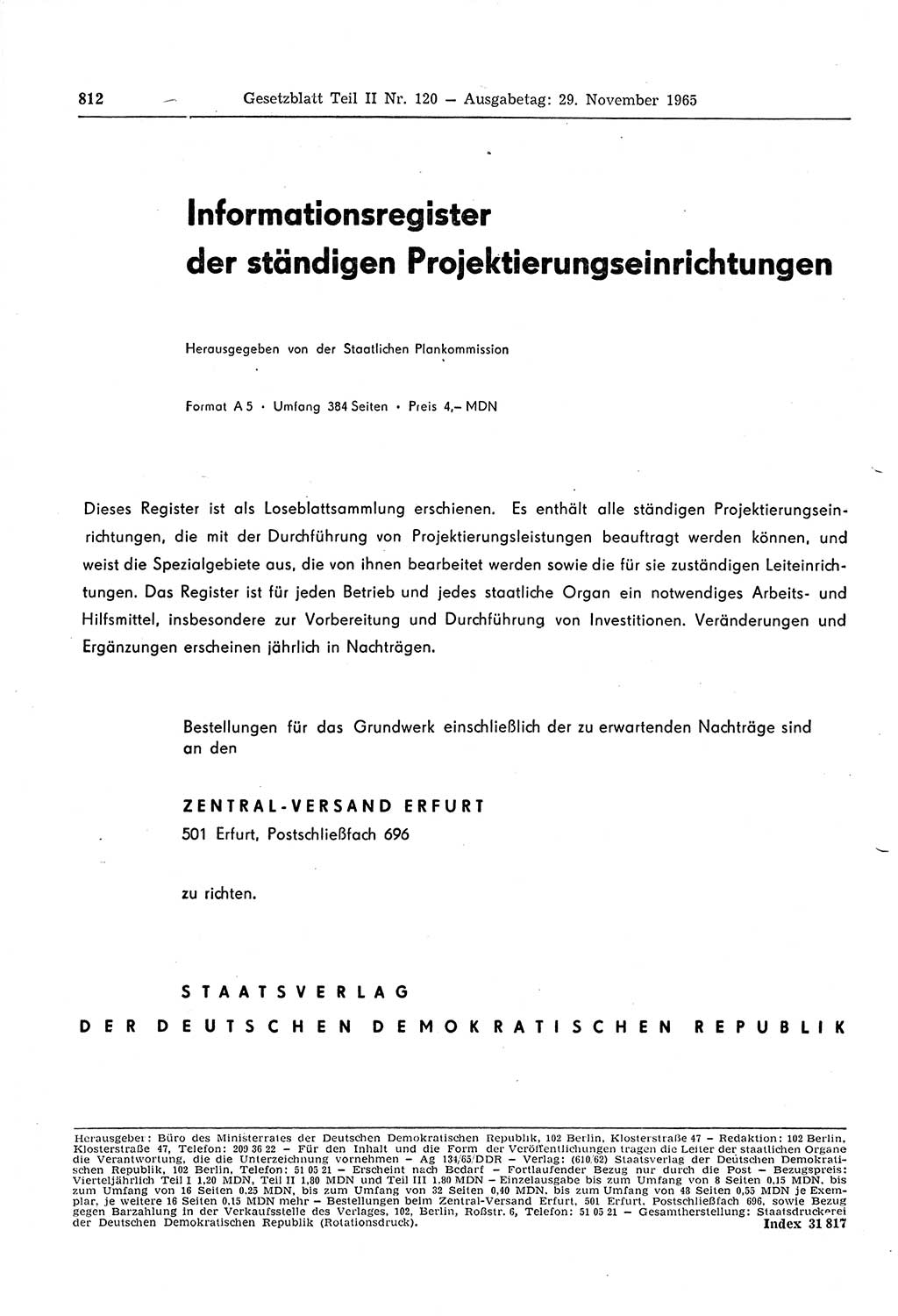 Gesetzblatt (GBl.) der Deutschen Demokratischen Republik (DDR) Teil ⅠⅠ 1965, Seite 812 (GBl. DDR ⅠⅠ 1965, S. 812)