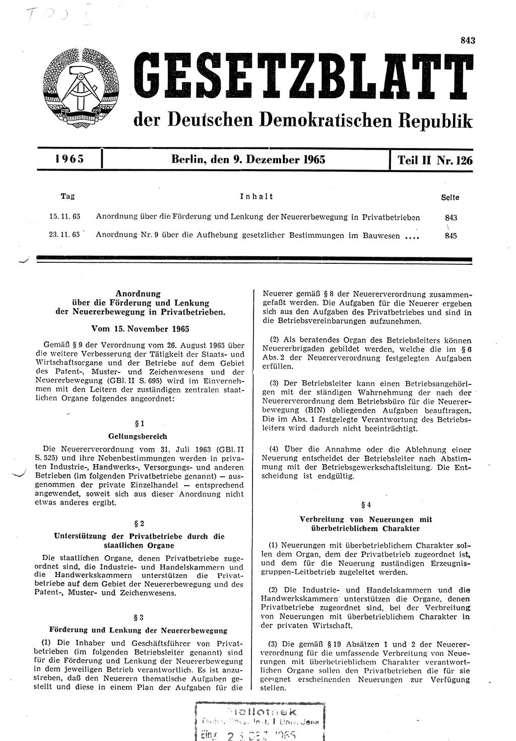Gesetzblatt (GBl.) der Deutschen Demokratischen Republik (DDR) Teil ⅠⅠ 1965, Seite 843 (GBl. DDR ⅠⅠ 1965, S. 843)