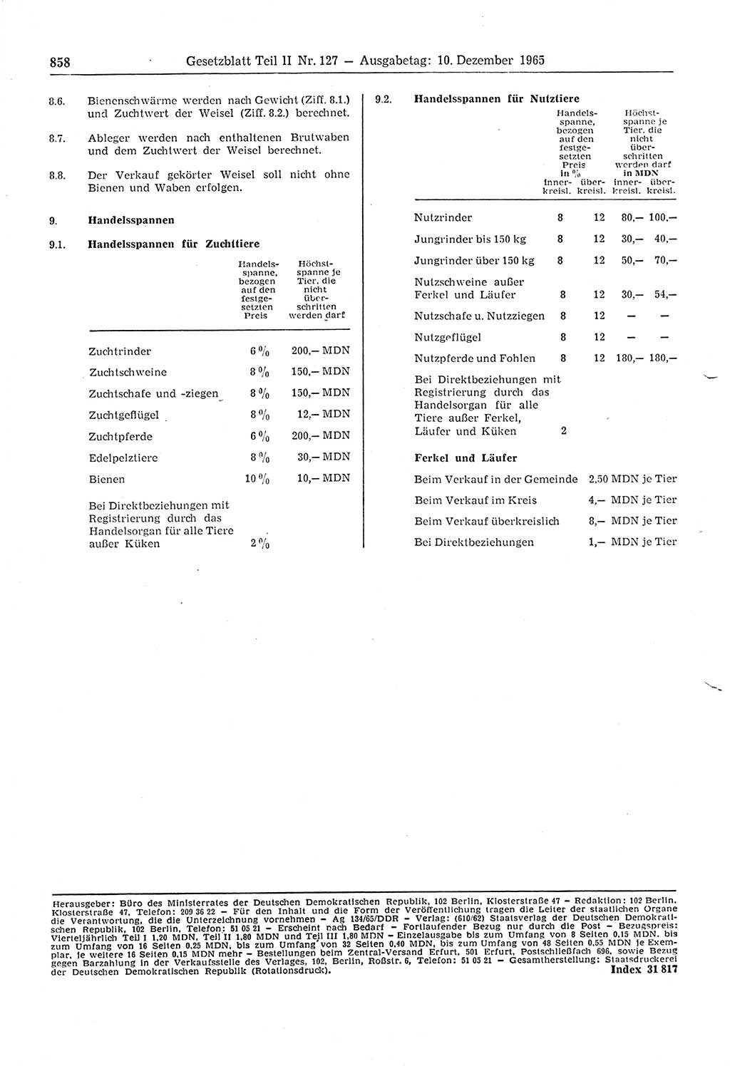 Gesetzblatt (GBl.) der Deutschen Demokratischen Republik (DDR) Teil ⅠⅠ 1965, Seite 858 (GBl. DDR ⅠⅠ 1965, S. 858)