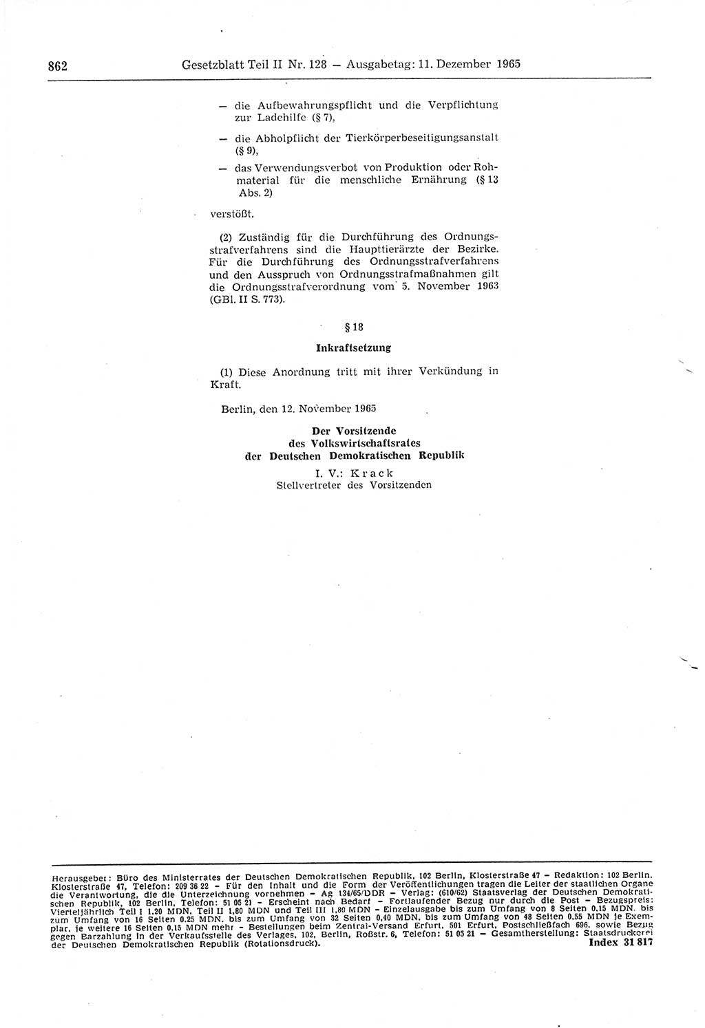 Gesetzblatt (GBl.) der Deutschen Demokratischen Republik (DDR) Teil ⅠⅠ 1965, Seite 862 (GBl. DDR ⅠⅠ 1965, S. 862)