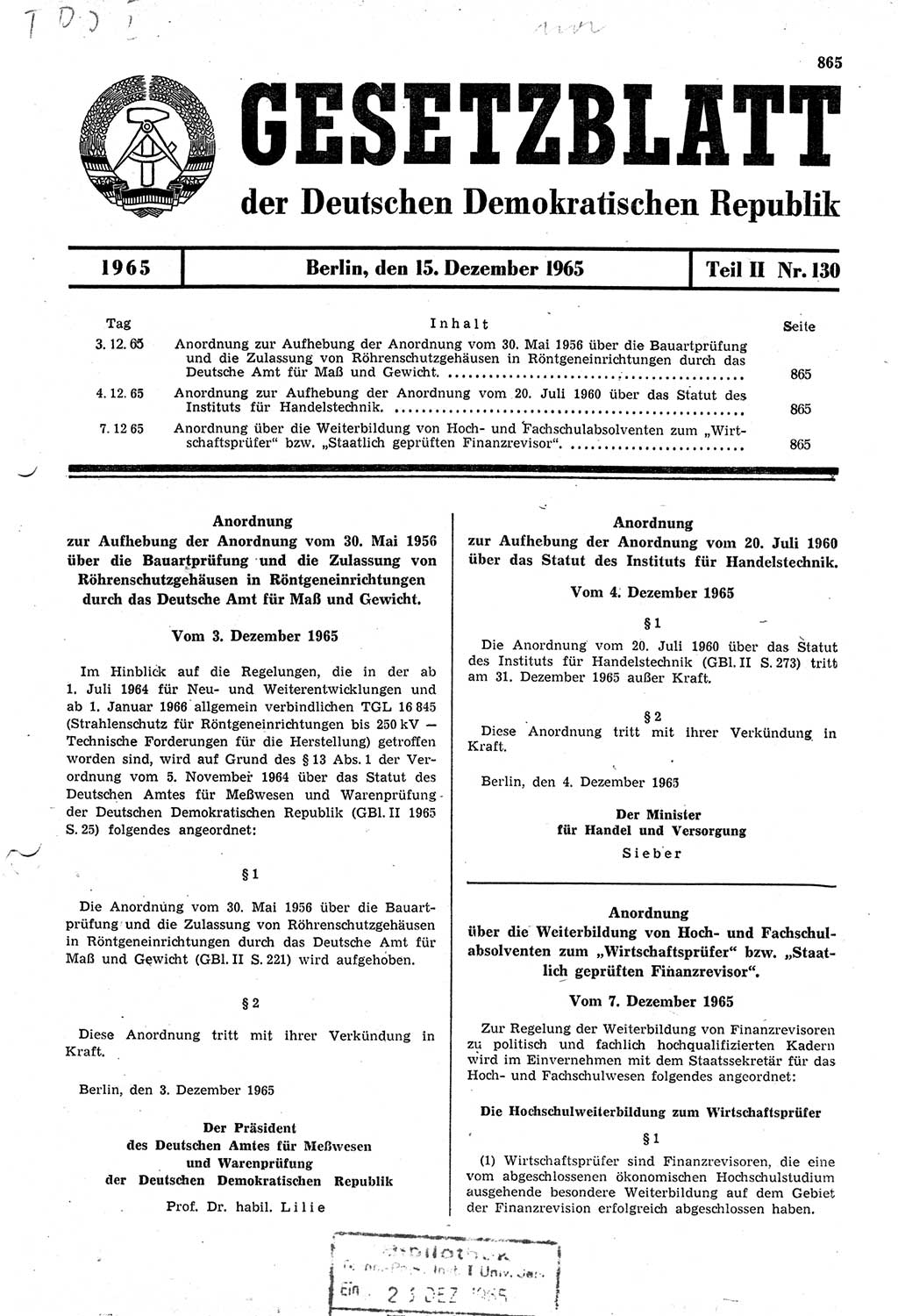 Gesetzblatt (GBl.) der Deutschen Demokratischen Republik (DDR) Teil ⅠⅠ 1965, Seite 865 (GBl. DDR ⅠⅠ 1965, S. 865)