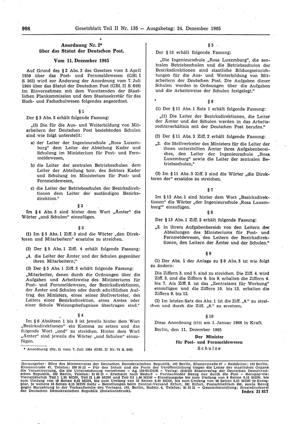 Gesetzblatt (GBl.) der Deutschen Demokratischen Republik (DDR) Teil ⅠⅠ 1965, Seite 908 (GBl. DDR ⅠⅠ 1965, S. 908)