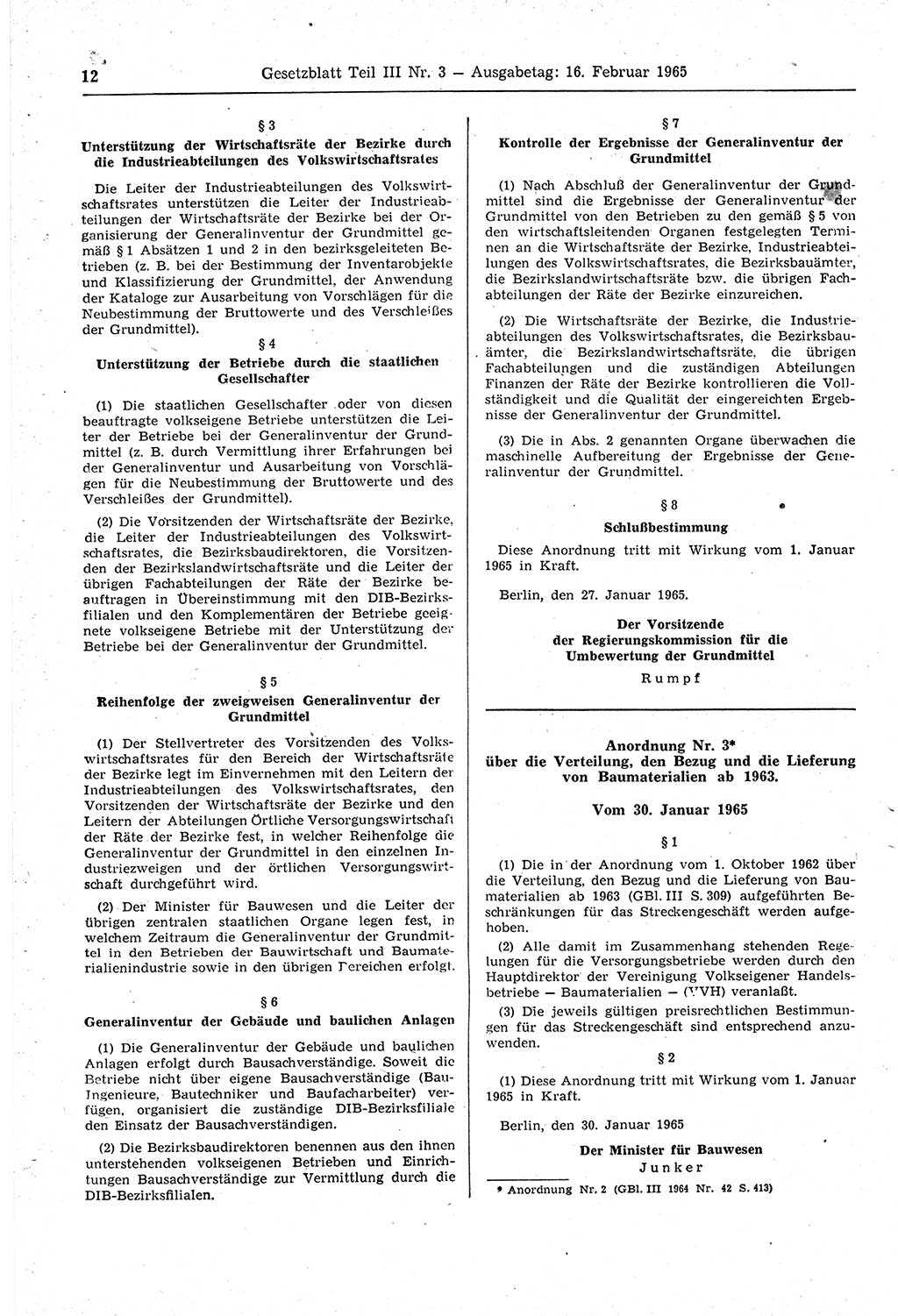 Gesetzblatt (GBl.) der Deutschen Demokratischen Republik (DDR) Teil ⅠⅠⅠ 1965, Seite 12 (GBl. DDR ⅠⅠⅠ 1965, S. 12)
