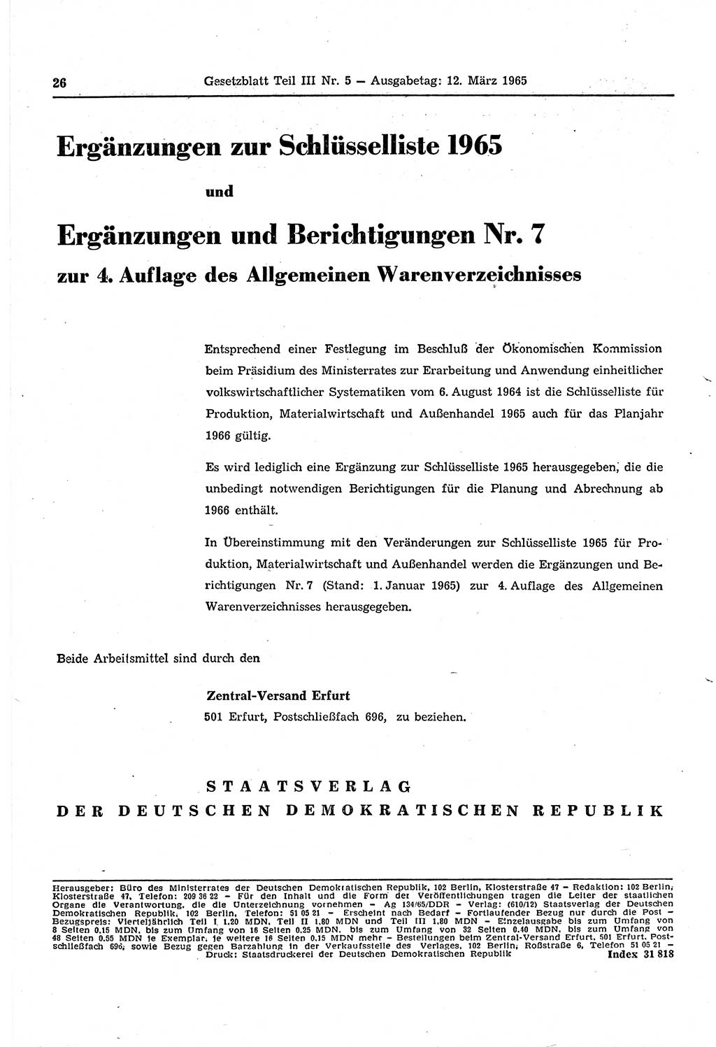 Gesetzblatt (GBl.) der Deutschen Demokratischen Republik (DDR) Teil ⅠⅠⅠ 1965, Seite 26 (GBl. DDR ⅠⅠⅠ 1965, S. 26)