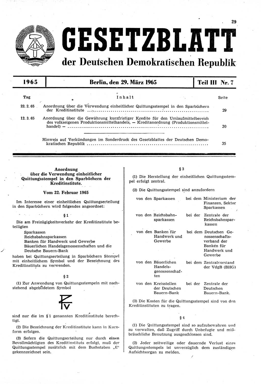 Gesetzblatt (GBl.) der Deutschen Demokratischen Republik (DDR) Teil ⅠⅠⅠ 1965, Seite 29 (GBl. DDR ⅠⅠⅠ 1965, S. 29)