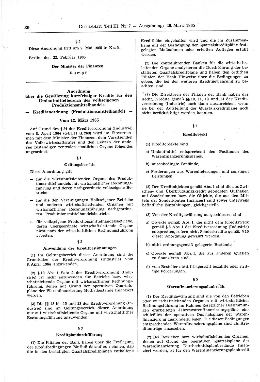 Gesetzblatt (GBl.) der Deutschen Demokratischen Republik (DDR) Teil ⅠⅠⅠ 1965, Seite 30 (GBl. DDR ⅠⅠⅠ 1965, S. 30)