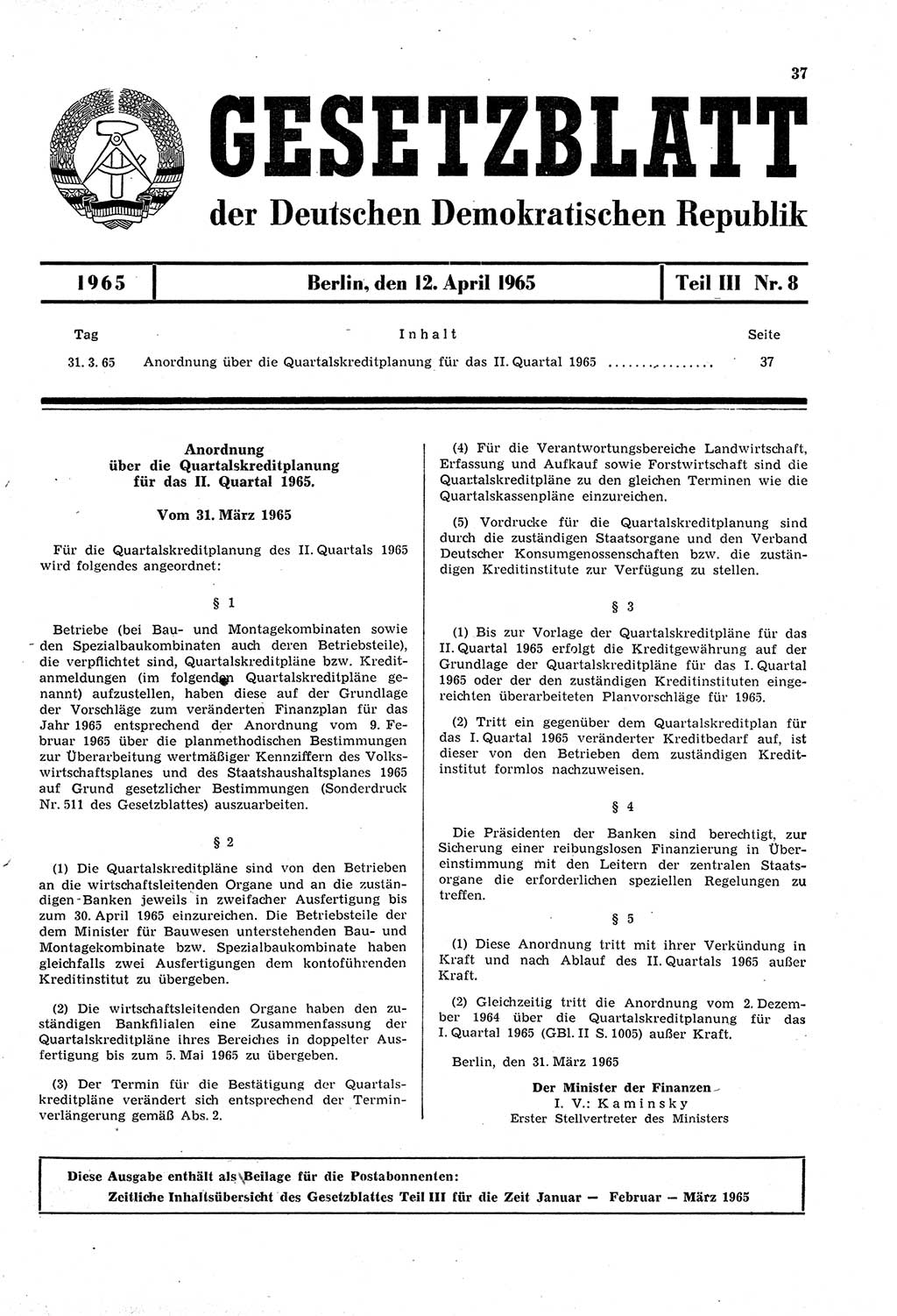 Gesetzblatt (GBl.) der Deutschen Demokratischen Republik (DDR) Teil ⅠⅠⅠ 1965, Seite 37 (GBl. DDR ⅠⅠⅠ 1965, S. 37)