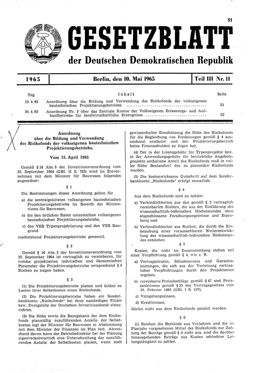 Gesetzblatt (GBl.) der Deutschen Demokratischen Republik (DDR) Teil ⅠⅠⅠ 1965, Seite 51 (GBl. DDR ⅠⅠⅠ 1965, S. 51)
