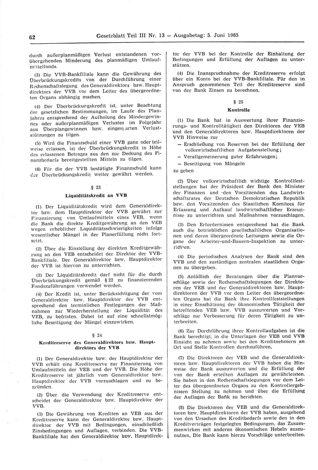Gesetzblatt (GBl.) der Deutschen Demokratischen Republik (DDR) Teil ⅠⅠⅠ 1965, Seite 62 (GBl. DDR ⅠⅠⅠ 1965, S. 62)