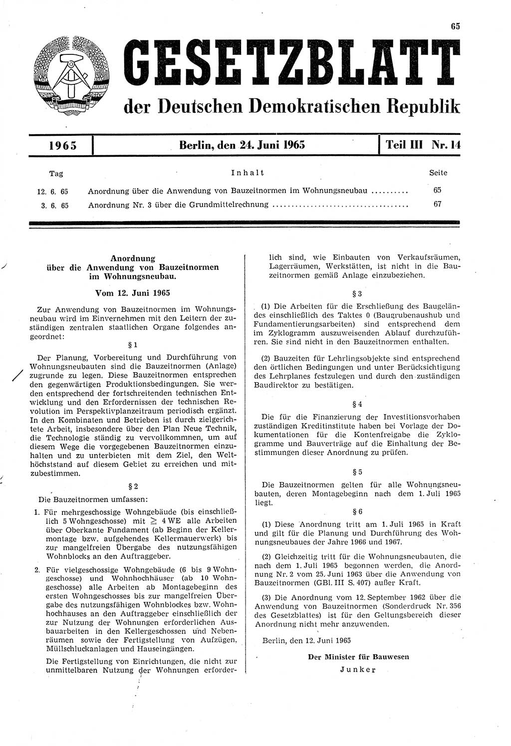 Gesetzblatt (GBl.) der Deutschen Demokratischen Republik (DDR) Teil ⅠⅠⅠ 1965, Seite 65 (GBl. DDR ⅠⅠⅠ 1965, S. 65)