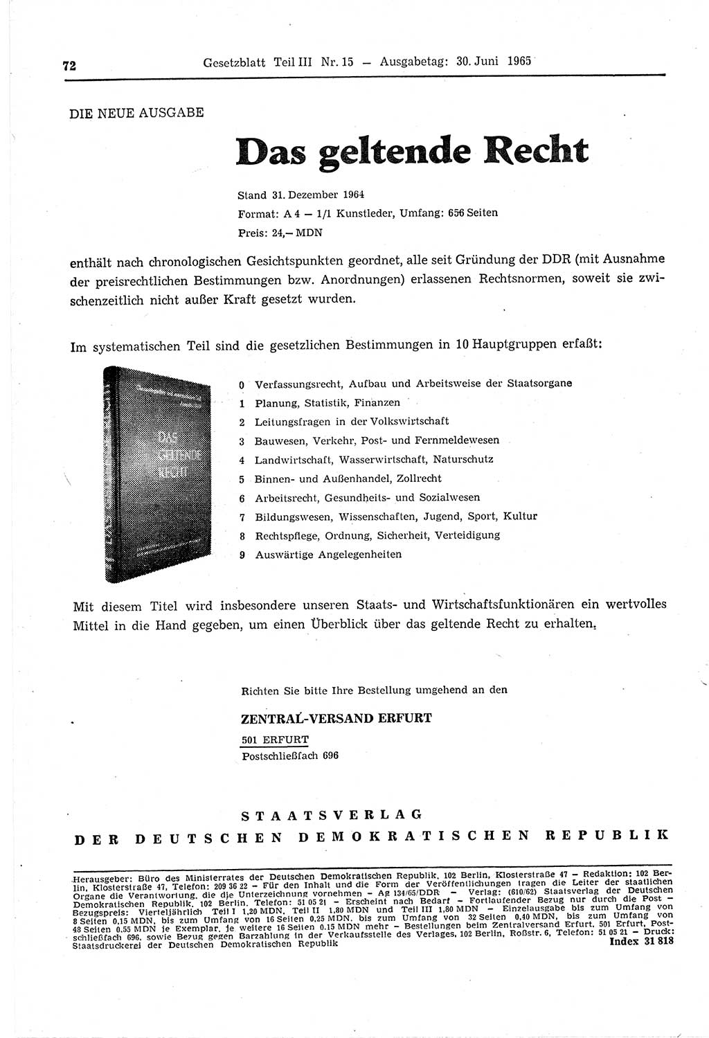 Gesetzblatt (GBl.) der Deutschen Demokratischen Republik (DDR) Teil ⅠⅠⅠ 1965, Seite 72 (GBl. DDR ⅠⅠⅠ 1965, S. 72)