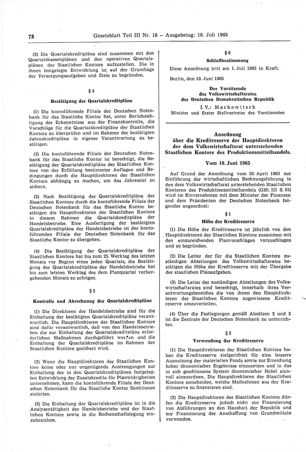 Gesetzblatt (GBl.) der Deutschen Demokratischen Republik (DDR) Teil ⅠⅠⅠ 1965, Seite 78 (GBl. DDR ⅠⅠⅠ 1965, S. 78)