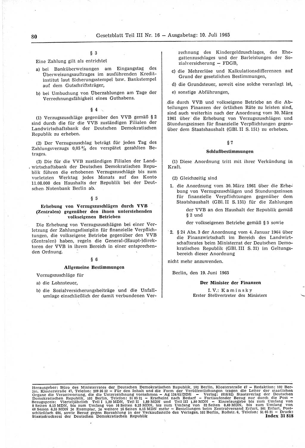 Gesetzblatt (GBl.) der Deutschen Demokratischen Republik (DDR) Teil ⅠⅠⅠ 1965, Seite 80 (GBl. DDR ⅠⅠⅠ 1965, S. 80)