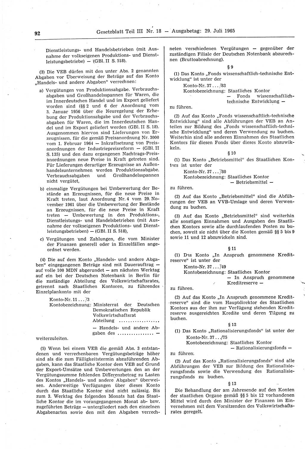 Gesetzblatt (GBl.) der Deutschen Demokratischen Republik (DDR) Teil ⅠⅠⅠ 1965, Seite 92 (GBl. DDR ⅠⅠⅠ 1965, S. 92)