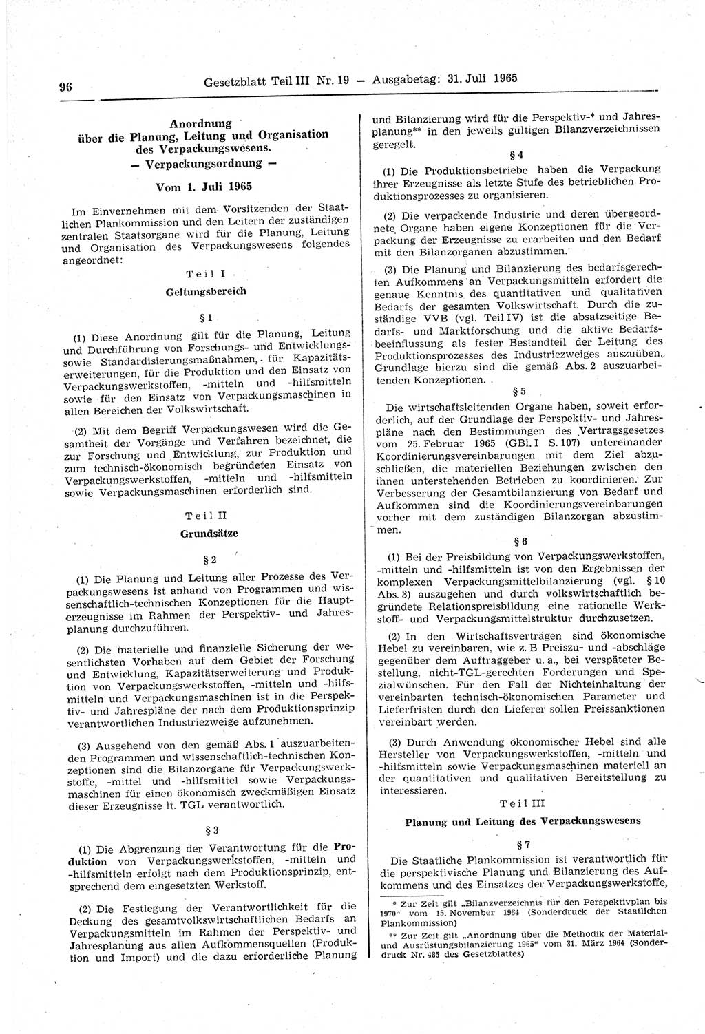 Gesetzblatt (GBl.) der Deutschen Demokratischen Republik (DDR) Teil ⅠⅠⅠ 1965, Seite 96 (GBl. DDR ⅠⅠⅠ 1965, S. 96)