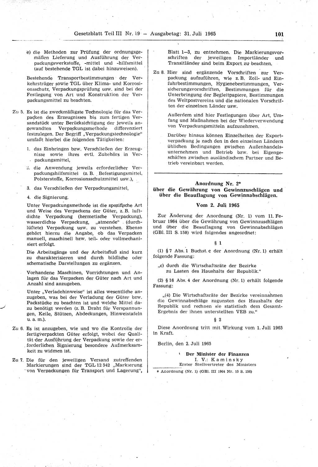 Gesetzblatt (GBl.) der Deutschen Demokratischen Republik (DDR) Teil ⅠⅠⅠ 1965, Seite 101 (GBl. DDR ⅠⅠⅠ 1965, S. 101)