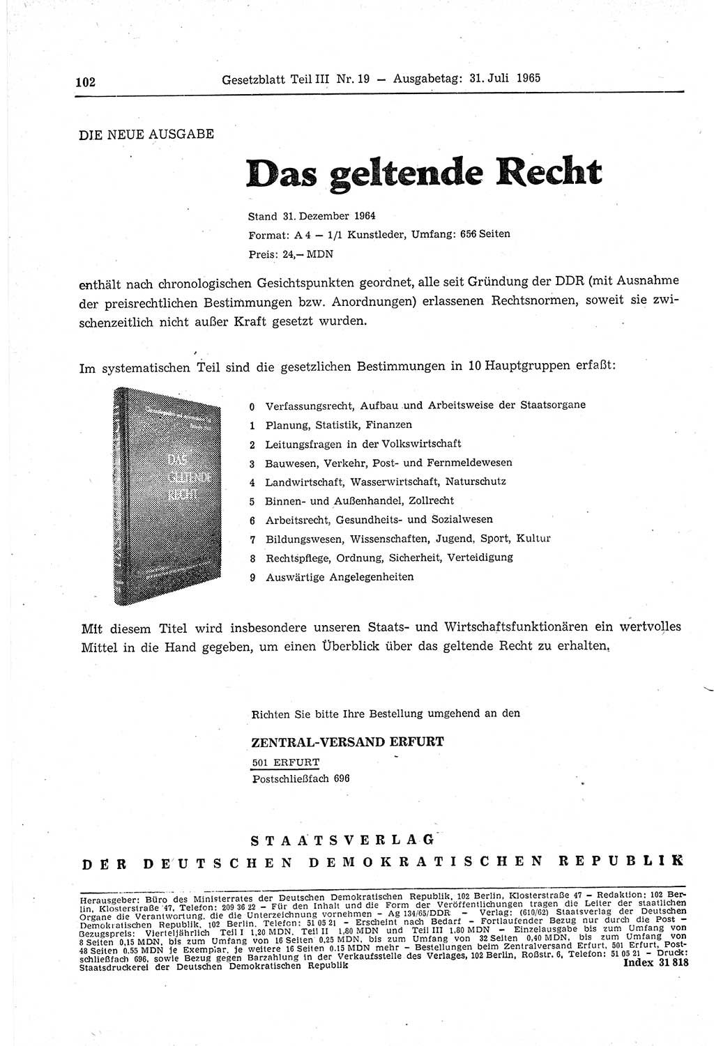 Gesetzblatt (GBl.) der Deutschen Demokratischen Republik (DDR) Teil ⅠⅠⅠ 1965, Seite 102 (GBl. DDR ⅠⅠⅠ 1965, S. 102)