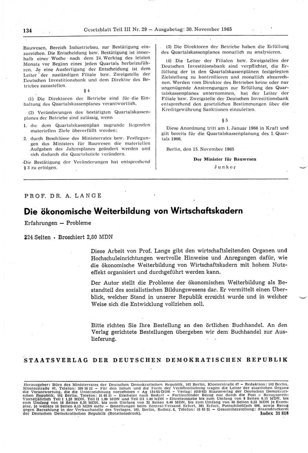 Gesetzblatt (GBl.) der Deutschen Demokratischen Republik (DDR) Teil ⅠⅠⅠ 1965, Seite 134 (GBl. DDR ⅠⅠⅠ 1965, S. 134)