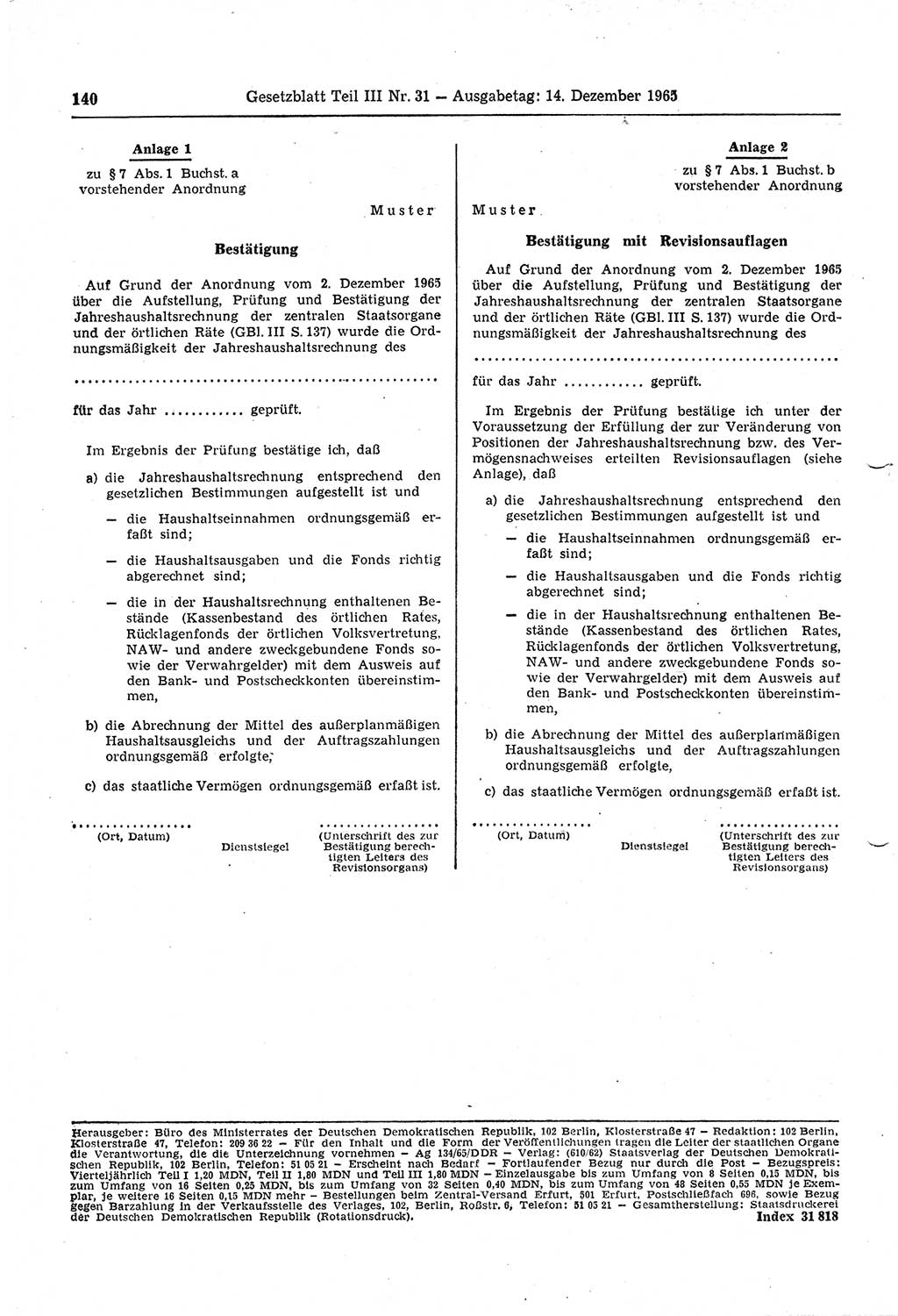 Gesetzblatt (GBl.) der Deutschen Demokratischen Republik (DDR) Teil ⅠⅠⅠ 1965, Seite 140 (GBl. DDR ⅠⅠⅠ 1965, S. 140)