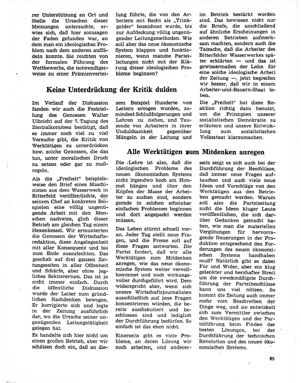 Neuer Weg (NW), Organ des Zentralkomitees (ZK) der SED (Sozialistische Einheitspartei Deutschlands) für Fragen des Parteilebens, 20. Jahrgang [Deutsche Demokratische Republik (DDR)] 1965, Seite 65 (NW ZK SED DDR 1965, S. 65)
