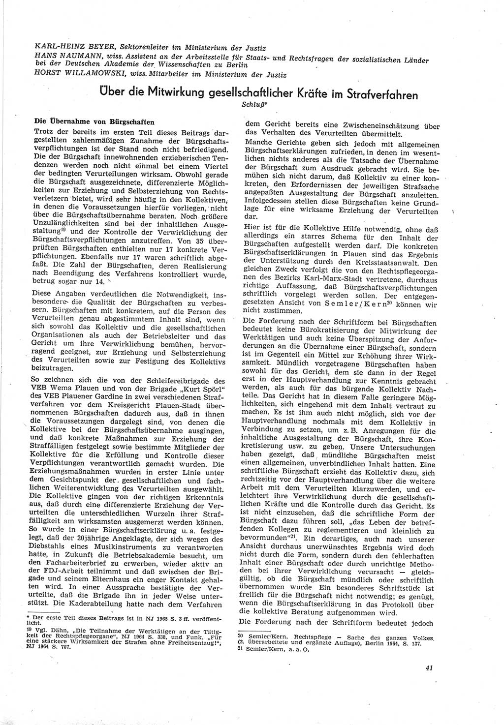 Neue Justiz (NJ), Zeitschrift für Recht und Rechtswissenschaft [Deutsche Demokratische Republik (DDR)], 19. Jahrgang 1965, Seite 41 (NJ DDR 1965, S. 41)