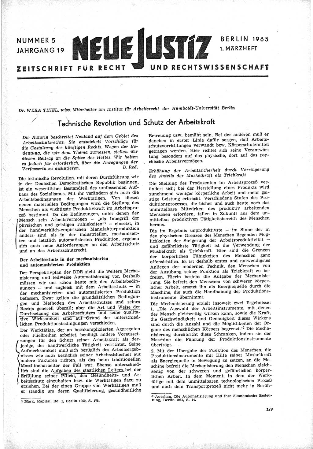 Neue Justiz (NJ), Zeitschrift für Recht und Rechtswissenschaft [Deutsche Demokratische Republik (DDR)], 19. Jahrgang 1965, Seite 129 (NJ DDR 1965, S. 129)
