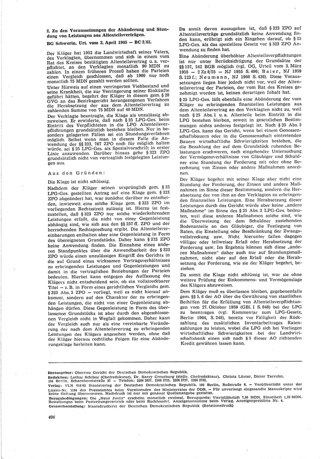 Neue Justiz (NJ), Zeitschrift für Recht und Rechtswissenschaft [Deutsche Demokratische Republik (DDR)], 19. Jahrgang 1965, Seite 496 (NJ DDR 1965, S. 496)