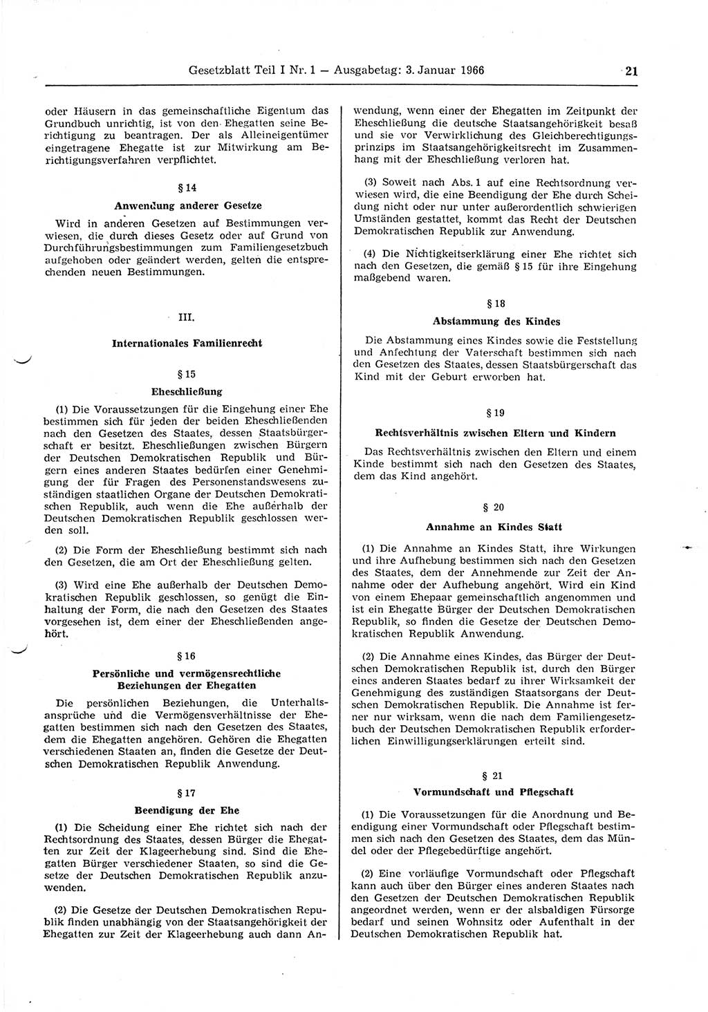 Gesetzblatt (GBl.) der Deutschen Demokratischen Republik (DDR) Teil Ⅰ 1966, Seite 21 (GBl. DDR Ⅰ 1966, S. 21)