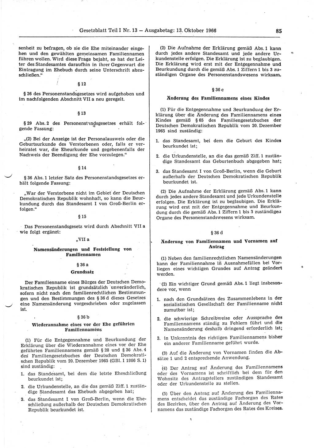Gesetzblatt (GBl.) der Deutschen Demokratischen Republik (DDR) Teil Ⅰ 1966, Seite 85 (GBl. DDR Ⅰ 1966, S. 85)