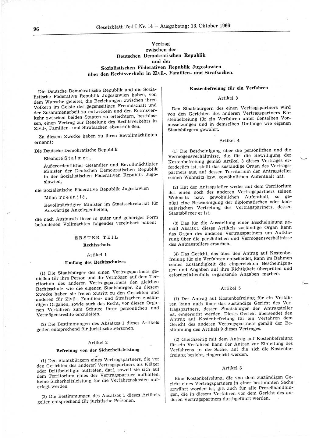 Gesetzblatt (GBl.) der Deutschen Demokratischen Republik (DDR) Teil Ⅰ 1966, Seite 96 (GBl. DDR Ⅰ 1966, S. 96)