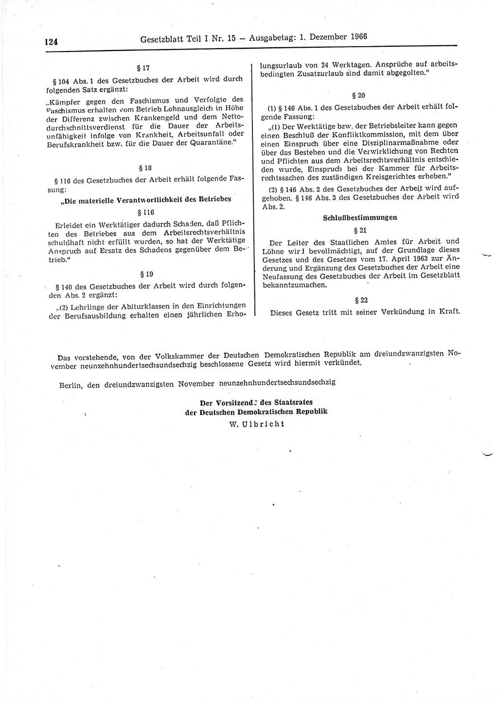 Gesetzblatt (GBl.) der Deutschen Demokratischen Republik (DDR) Teil Ⅰ 1966, Seite 124 (GBl. DDR Ⅰ 1966, S. 124)