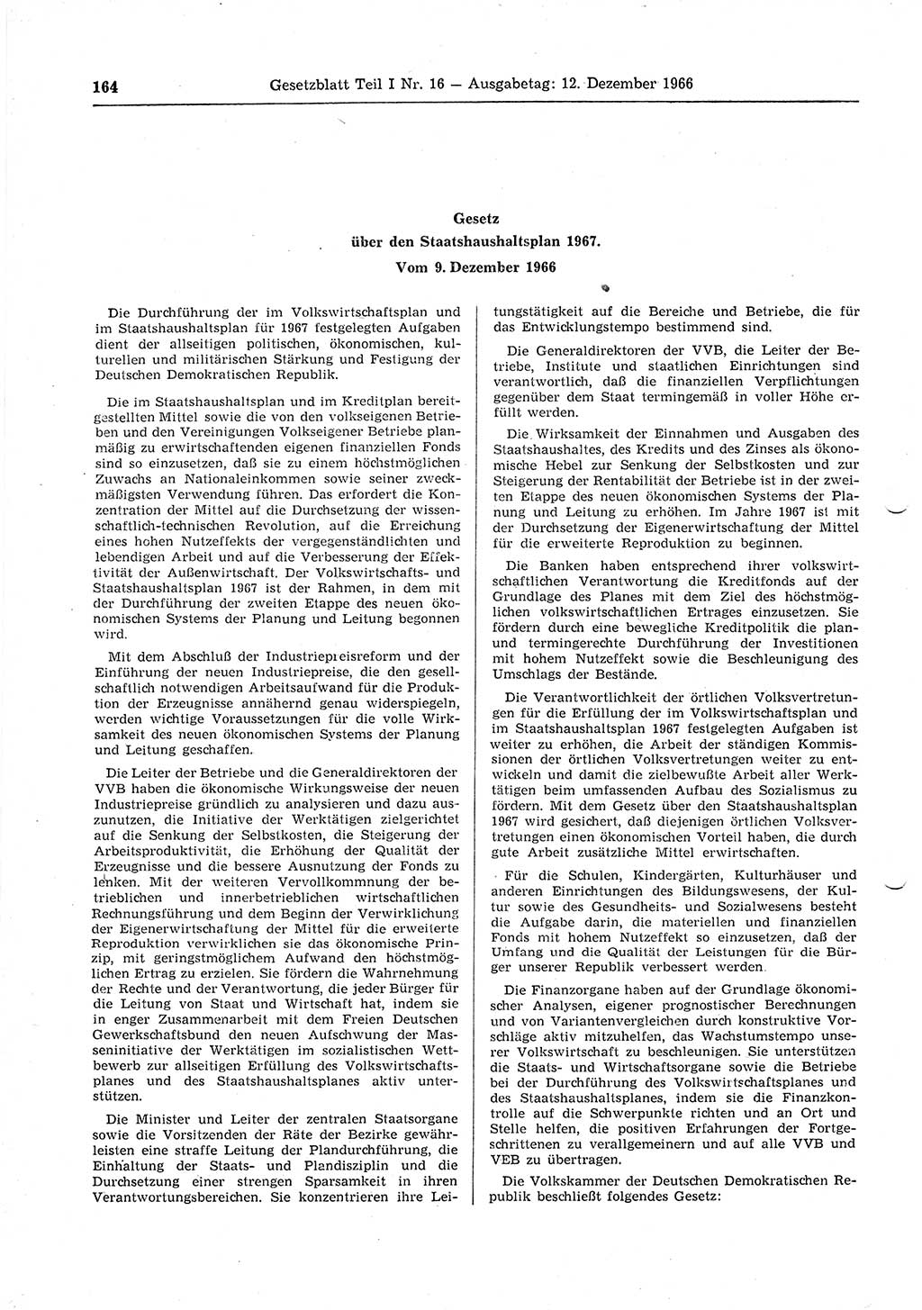 Gesetzblatt (GBl.) der Deutschen Demokratischen Republik (DDR) Teil Ⅰ 1966, Seite 164 (GBl. DDR Ⅰ 1966, S. 164)