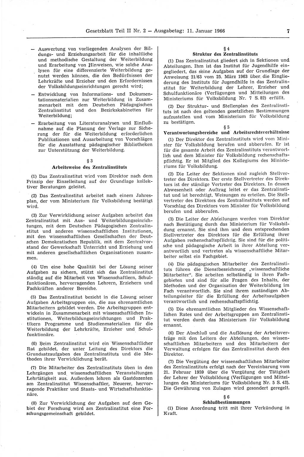 Gesetzblatt (GBl.) der Deutschen Demokratischen Republik (DDR) Teil ⅠⅠ 1966, Seite 7 (GBl. DDR ⅠⅠ 1966, S. 7)