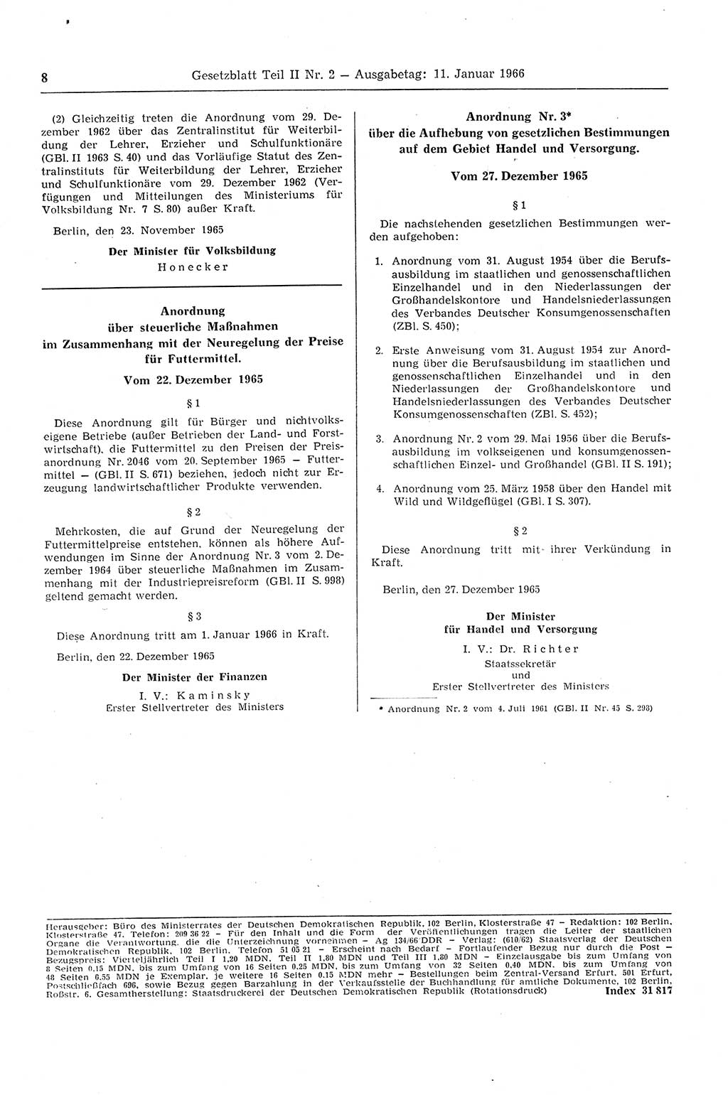 Gesetzblatt (GBl.) der Deutschen Demokratischen Republik (DDR) Teil ⅠⅠ 1966, Seite 8 (GBl. DDR ⅠⅠ 1966, S. 8)