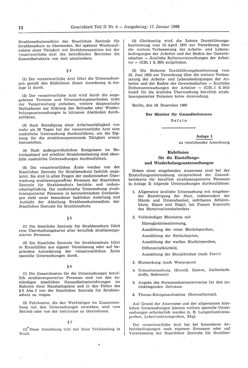 Gesetzblatt (GBl.) der Deutschen Demokratischen Republik (DDR) Teil ⅠⅠ 1966, Seite 12 (GBl. DDR ⅠⅠ 1966, S. 12)