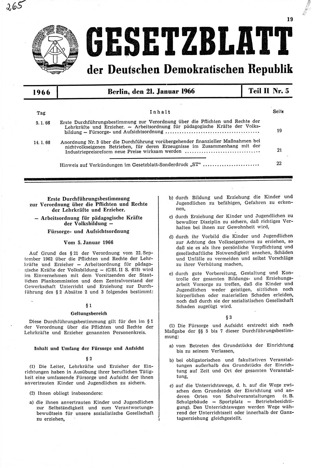 Gesetzblatt (GBl.) der Deutschen Demokratischen Republik (DDR) Teil ⅠⅠ 1966, Seite 19 (GBl. DDR ⅠⅠ 1966, S. 19)